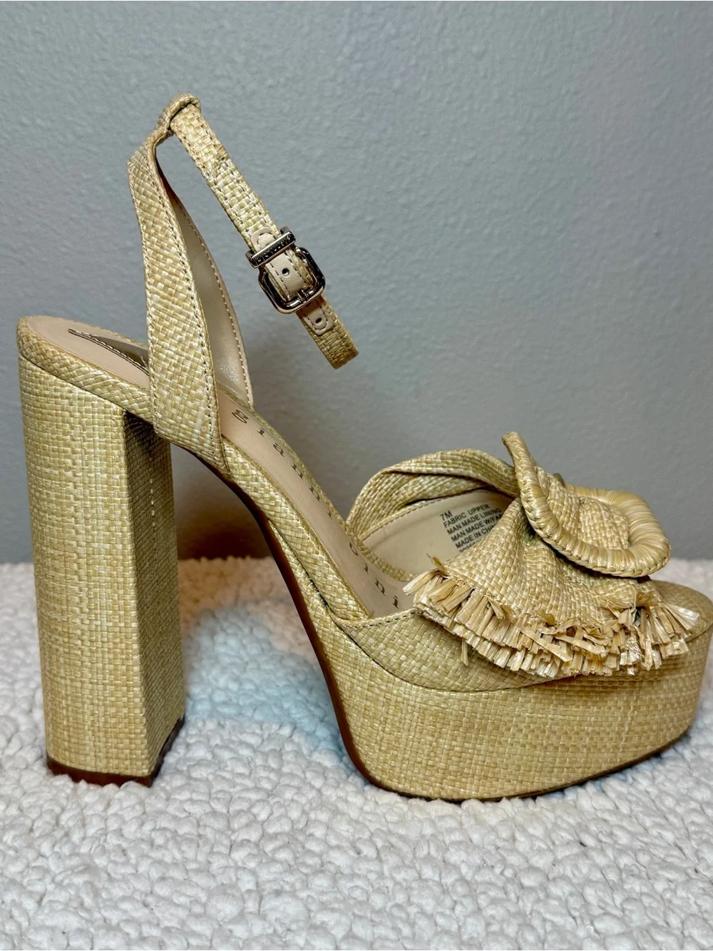 Gianni Bini Raffia Mismatched Buckle Platform Heels